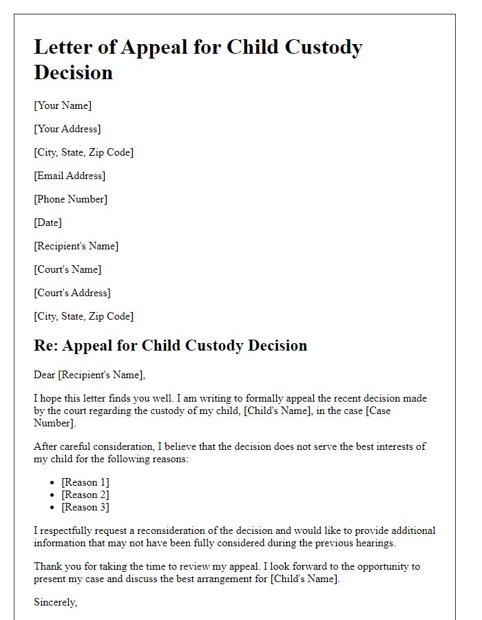 Letter template of appeal for child custody decision