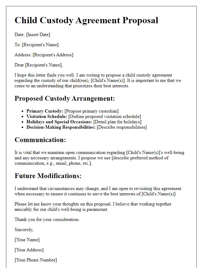 Letter template of child custody agreement proposal