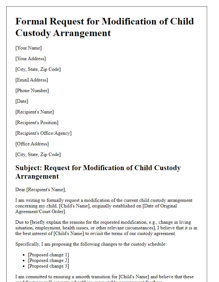 Letter template of formal request for child custody arrangement modification