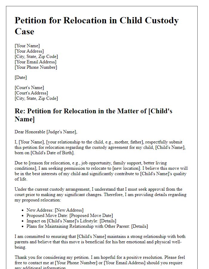 Letter template of petition for relocation in child custody case