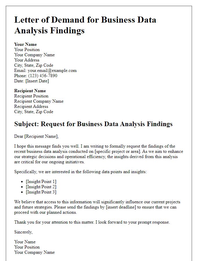 Letter template of demand for business data analysis findings.