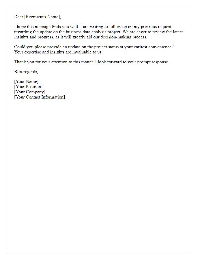 Letter template of a follow-up request for business data analysis update.