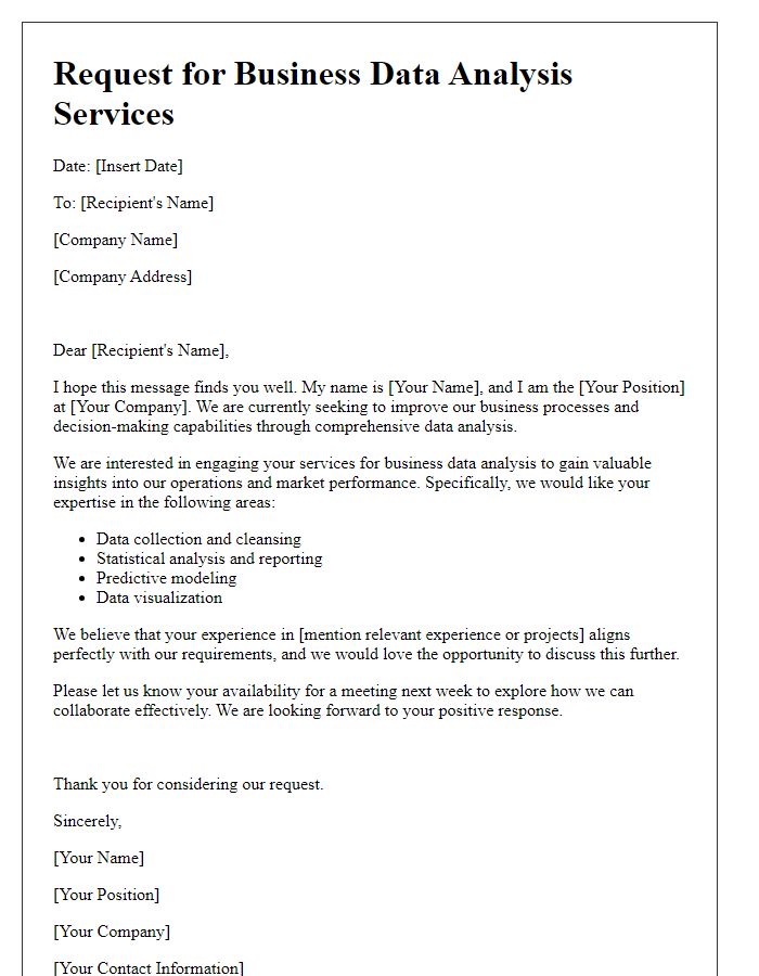 Letter template of request for business data analysis services.