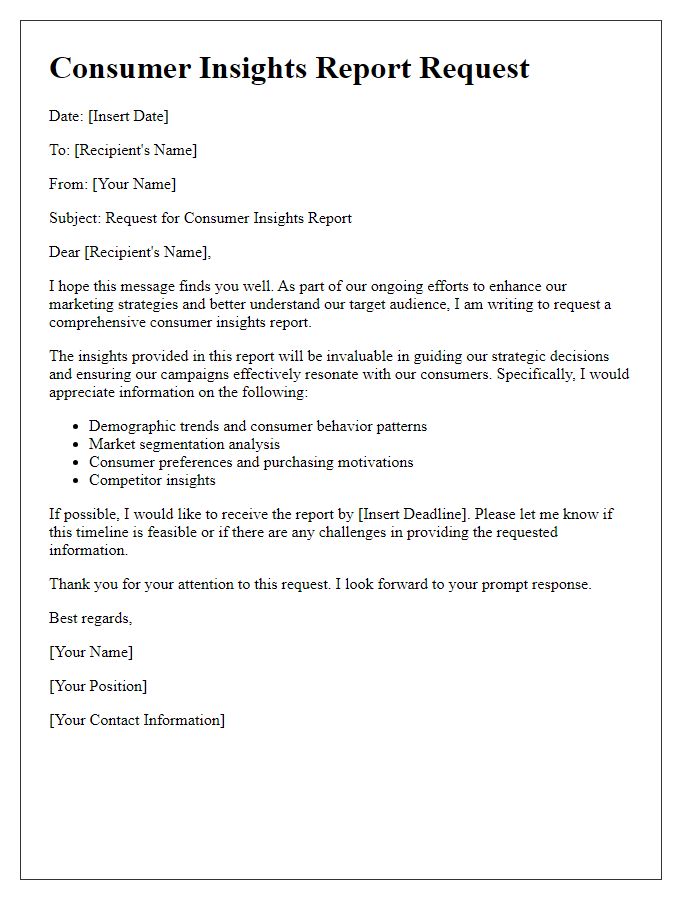 Letter template of consumer insights report request for marketing strategies