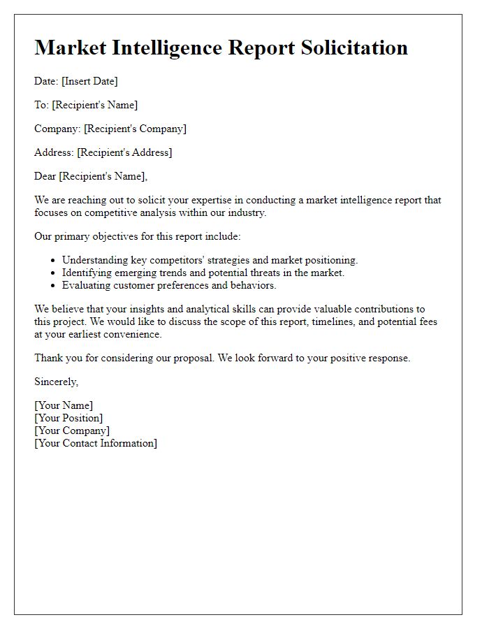 Letter template of market intelligence report solicitation for competitive analysis