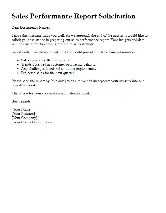 Letter template of sales performance report solicitation for forecasting