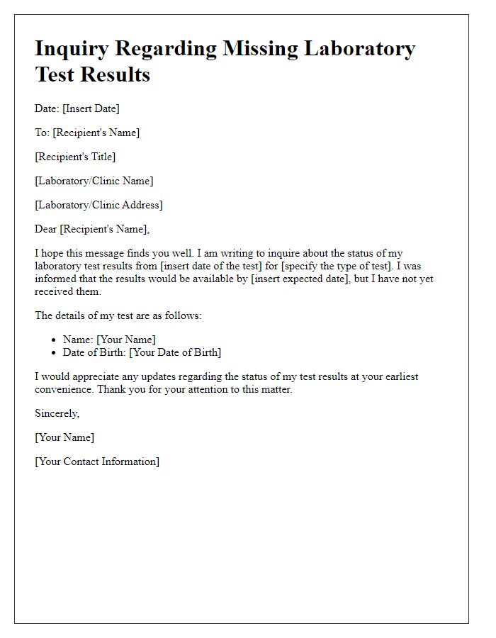 Letter template of inquiry for missing laboratory test results