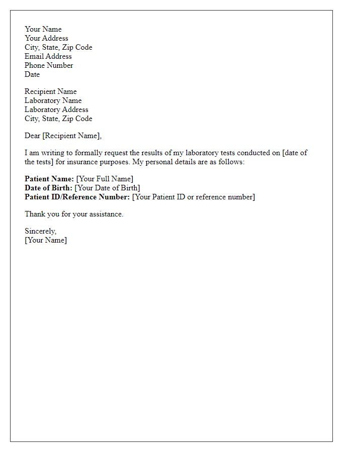 Letter template of request for laboratory test results for insurance purposes