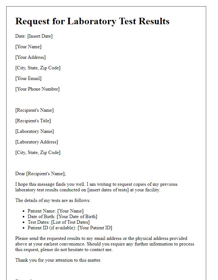 Letter template of request for previous laboratory test results