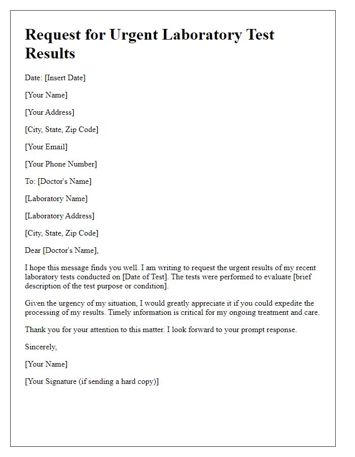 Letter template of request for urgent laboratory test results