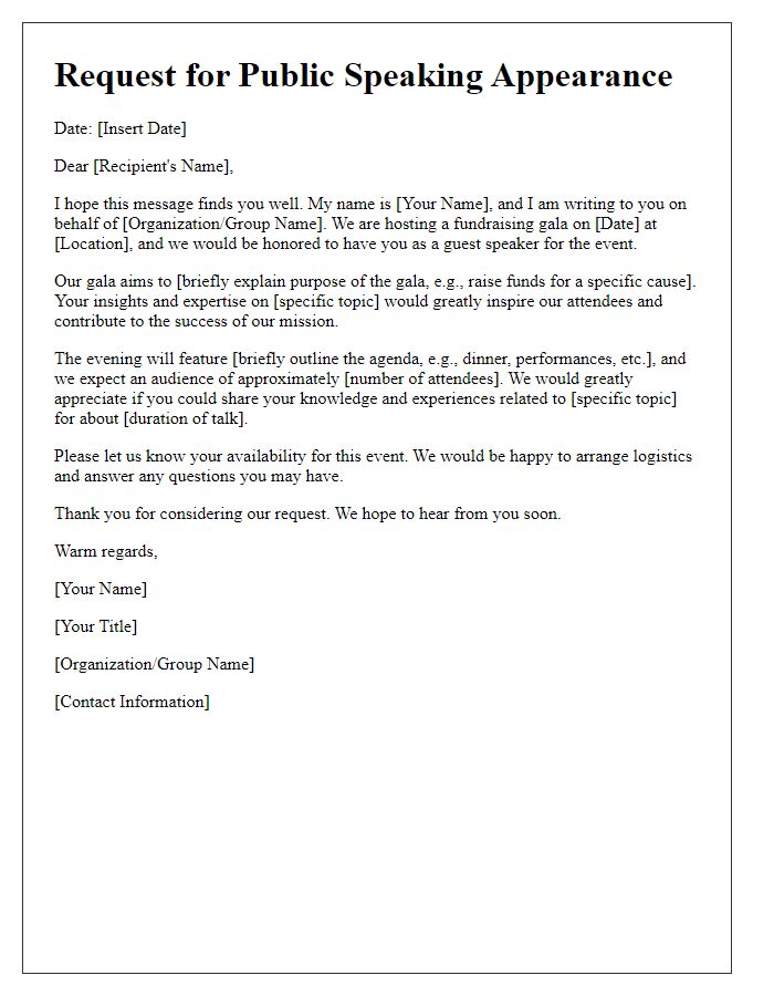 Letter template of request for a public speaking appearance at a fundraising gala.