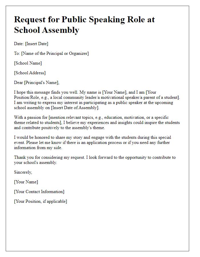 Letter template of request for a public speaking role at a school assembly.