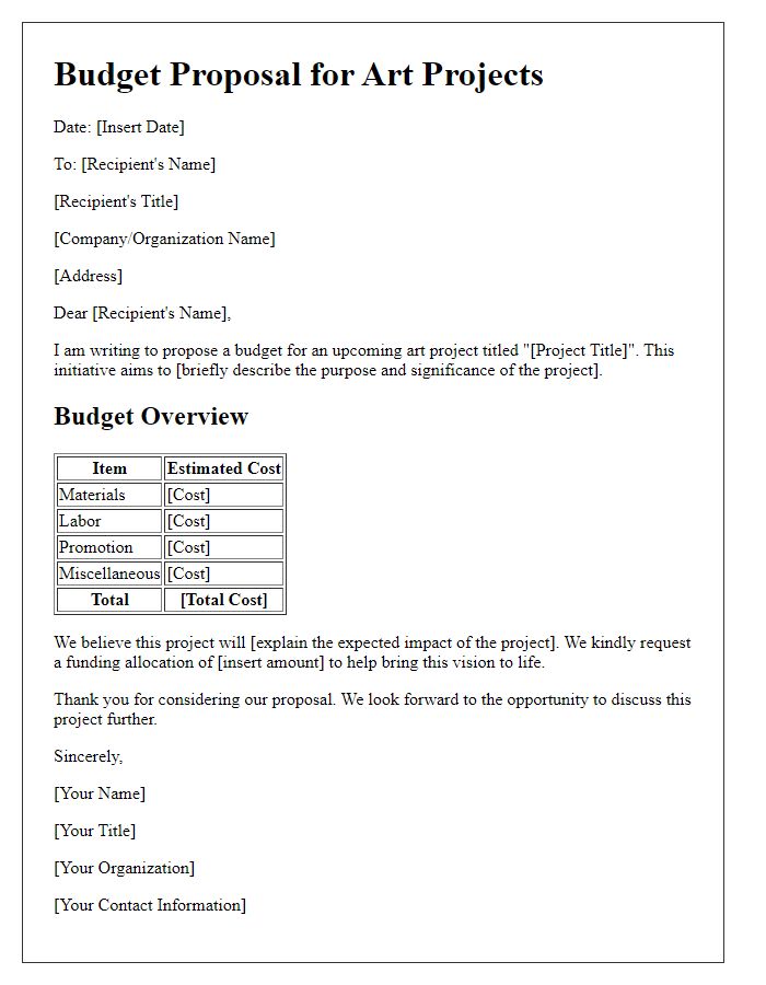 Letter template of budget proposal for fund allocation in art projects