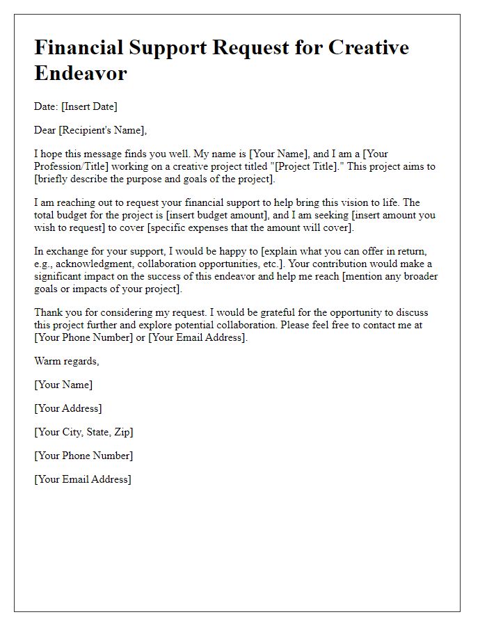 Letter template of financial support request for a creative endeavor