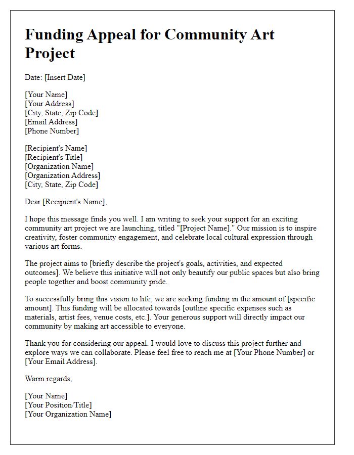 Letter template of funding appeal for a community art project