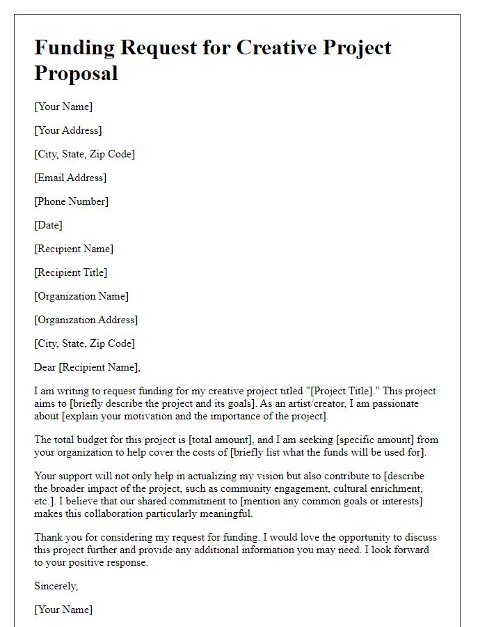 Letter template of funding request for a creative project proposal