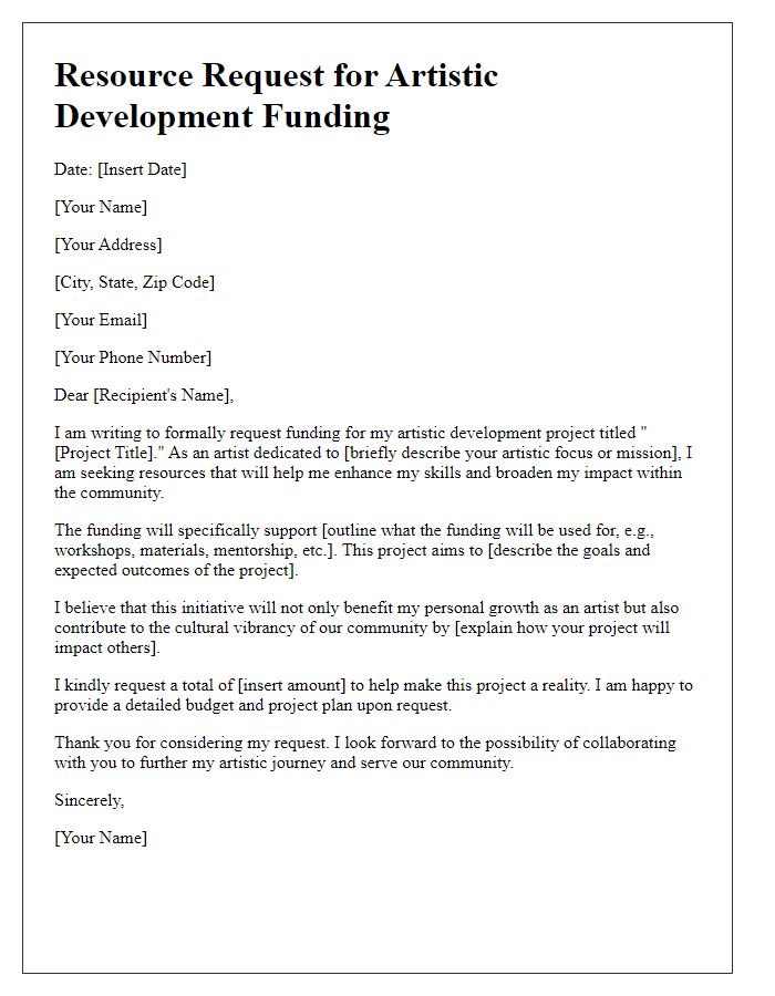 Letter template of resource request for artistic development funding