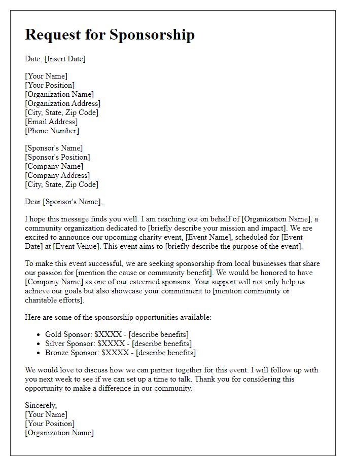 Letter template of request for charity event sponsorship for community organizations.