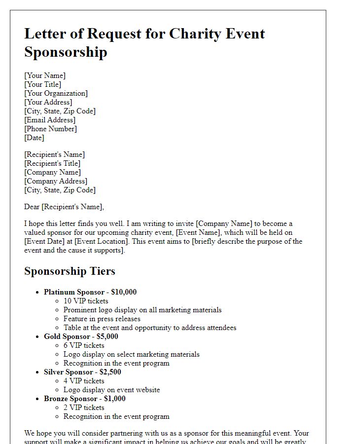 Letter template of request for charity event sponsorship with detailed sponsorship tiers.