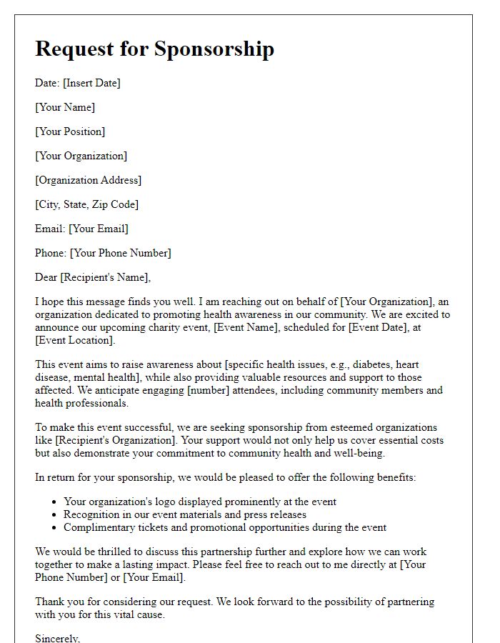 Letter template of request for charity event sponsorship focused on health awareness.