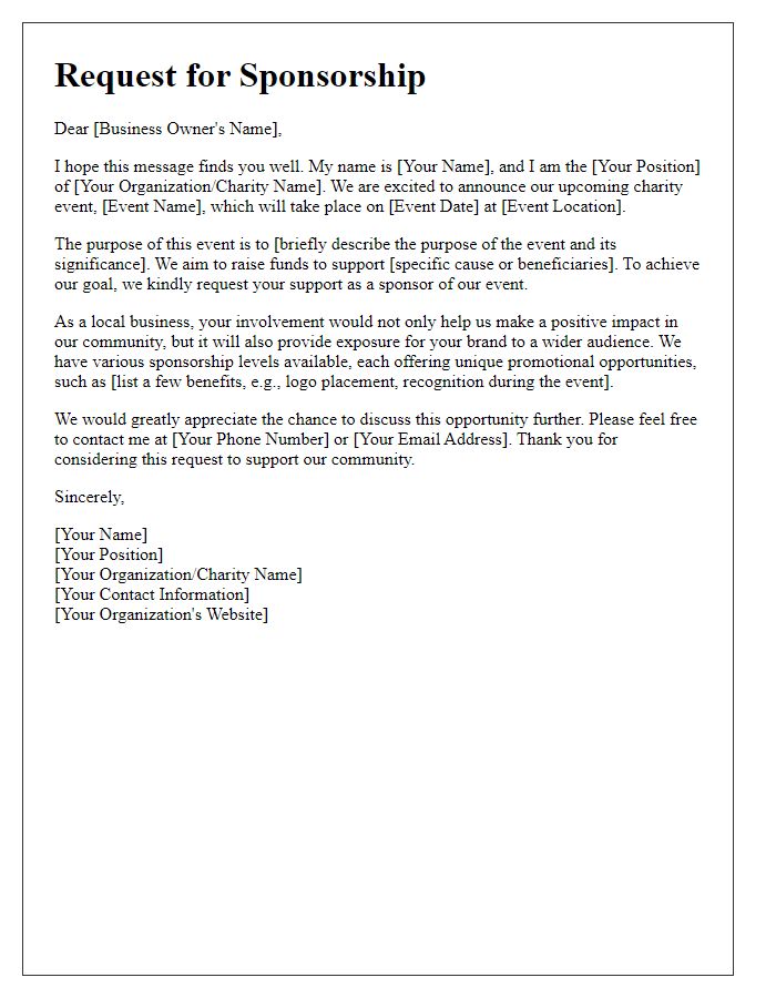 Letter template of request for charity event sponsorship from local businesses.