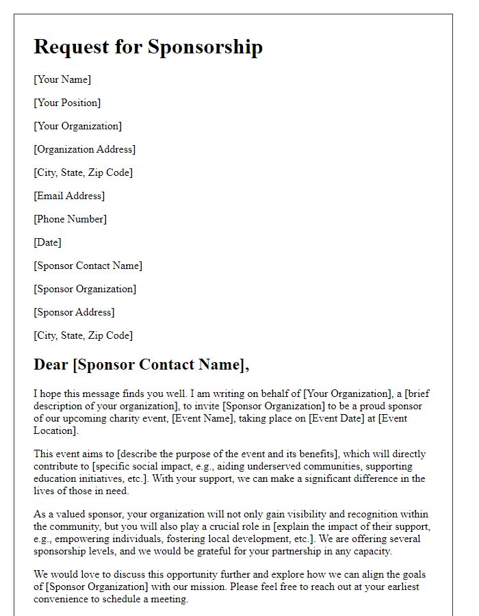 Letter template of request for charity event sponsorship highlighting social impact.