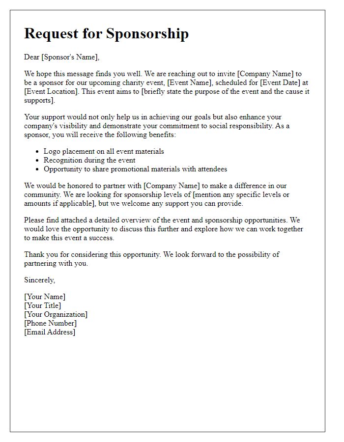 Letter template of request for charity event sponsorship targeting corporate sponsors.