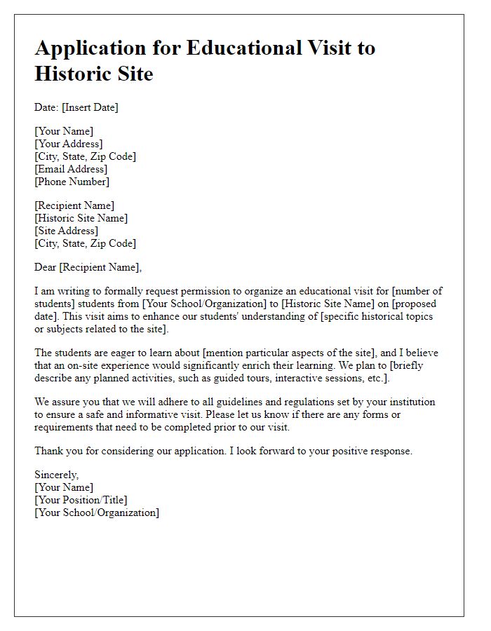 Letter template of application for educational visit to historic site