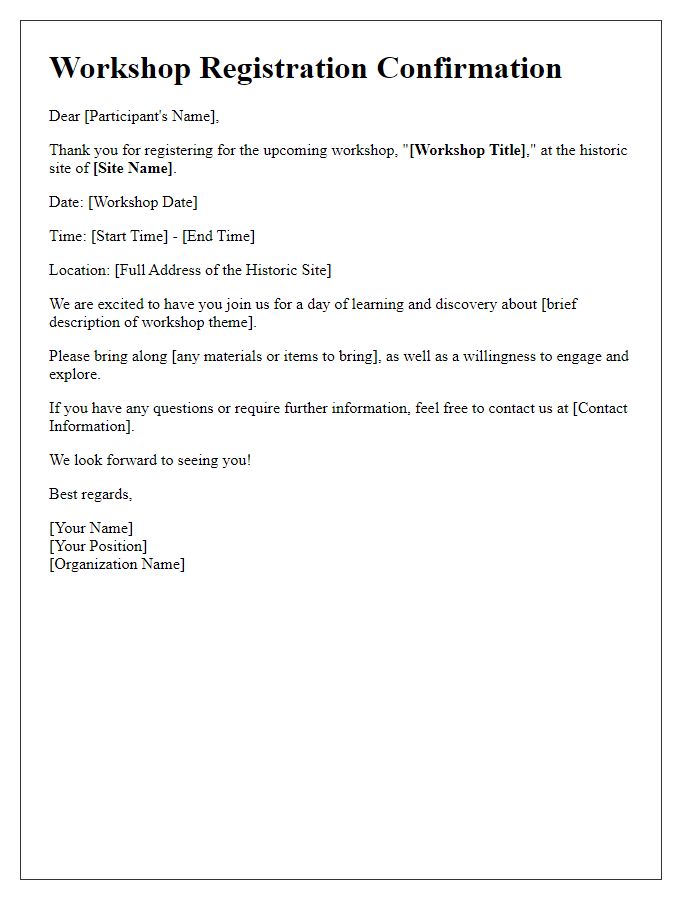 Letter template of registration for workshop at historic site