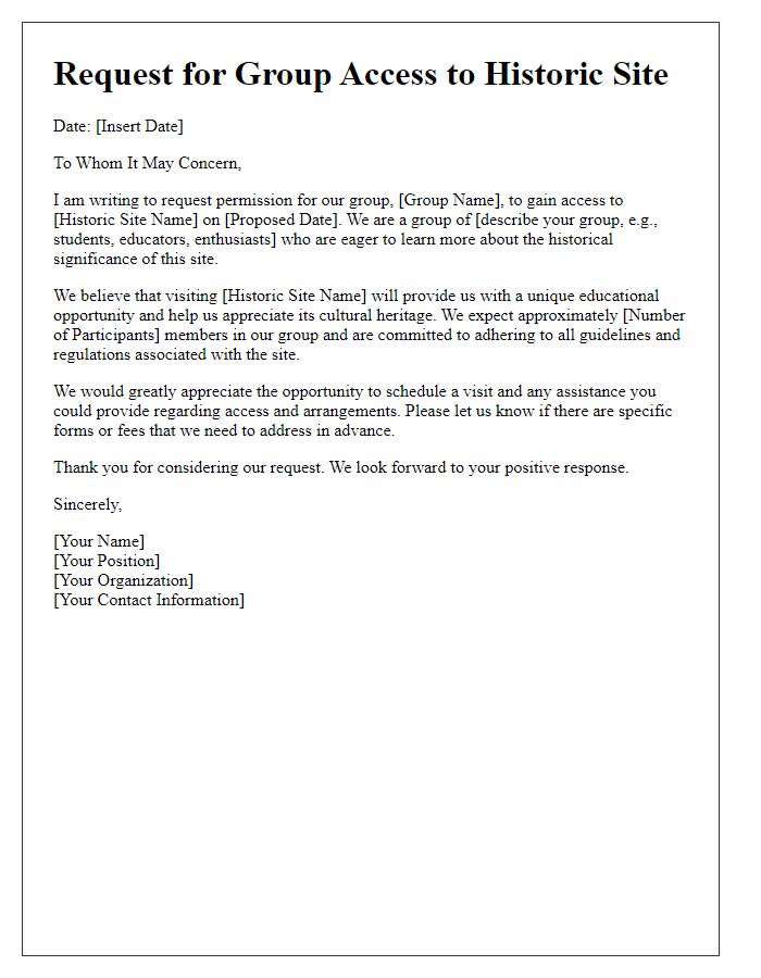 Letter template of request for group access to historic site