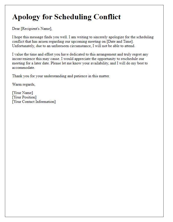 Letter template of courteous apology for scheduling conflict