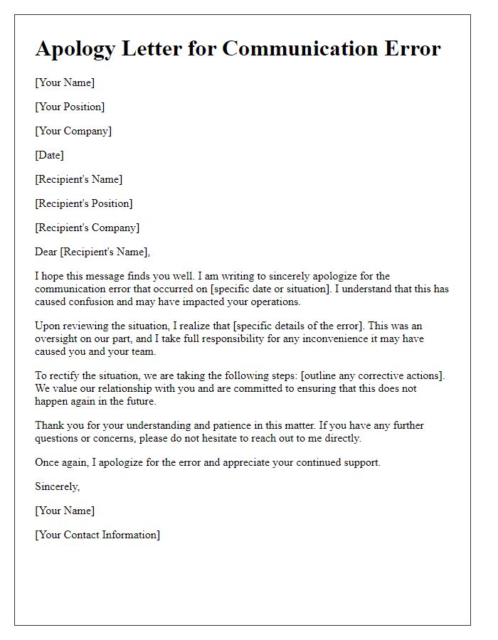 Letter template of professional apology for communication error