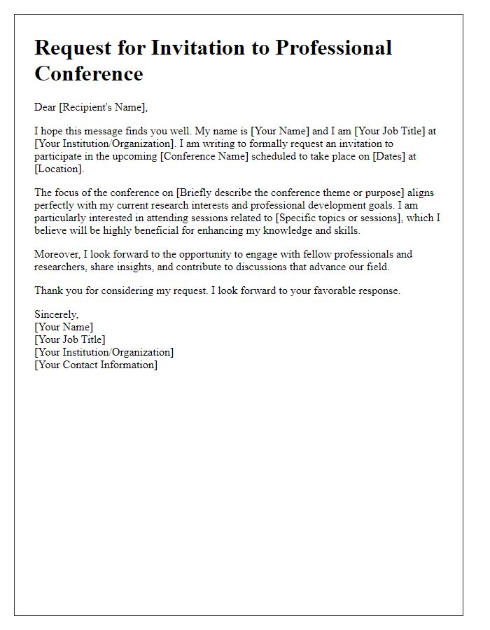 Letter template of request for professional conference invitation for educational sessions.