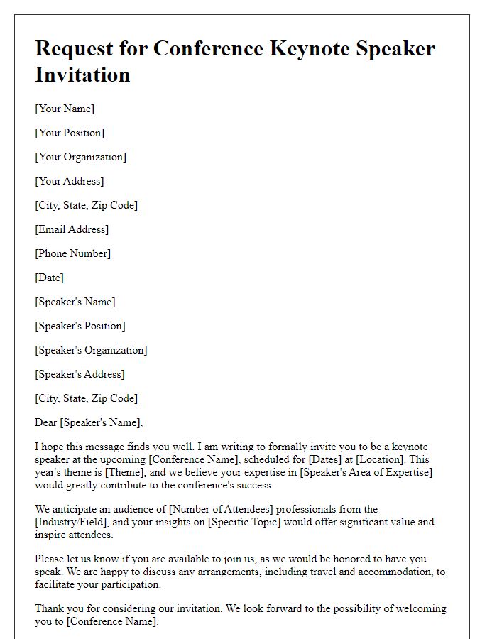 Letter template of request for professional conference invitation for keynote speakers.