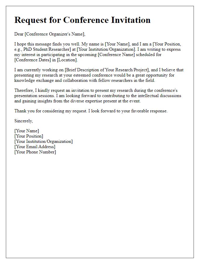 Letter template of request for professional conference invitation for research presentations.