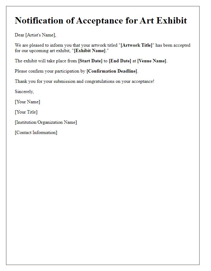 Letter template of notification request for art exhibit acceptance