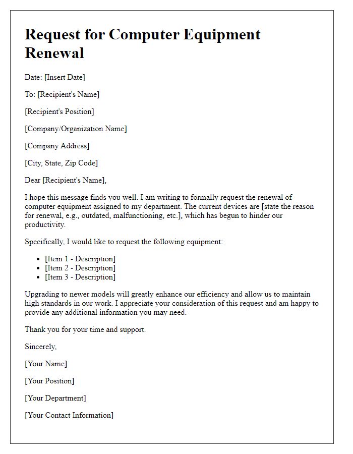 Letter template of request for computer equipment renewal