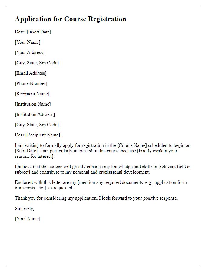 Letter template of application for educational course registration