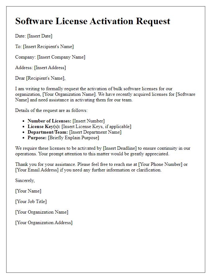 Letter template of software license activation request for bulk licensing.