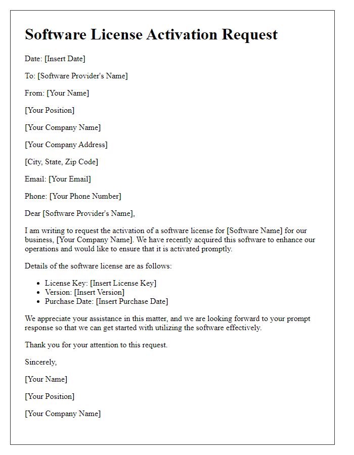 Letter template of software license activation request for business purposes.