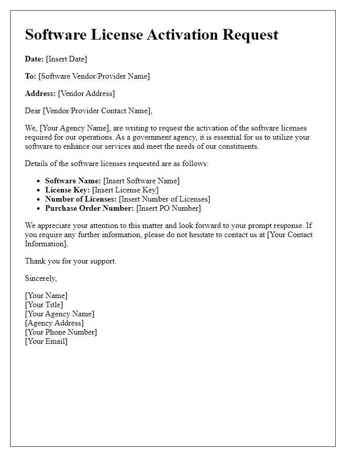 Letter template of software license activation request for government agencies.