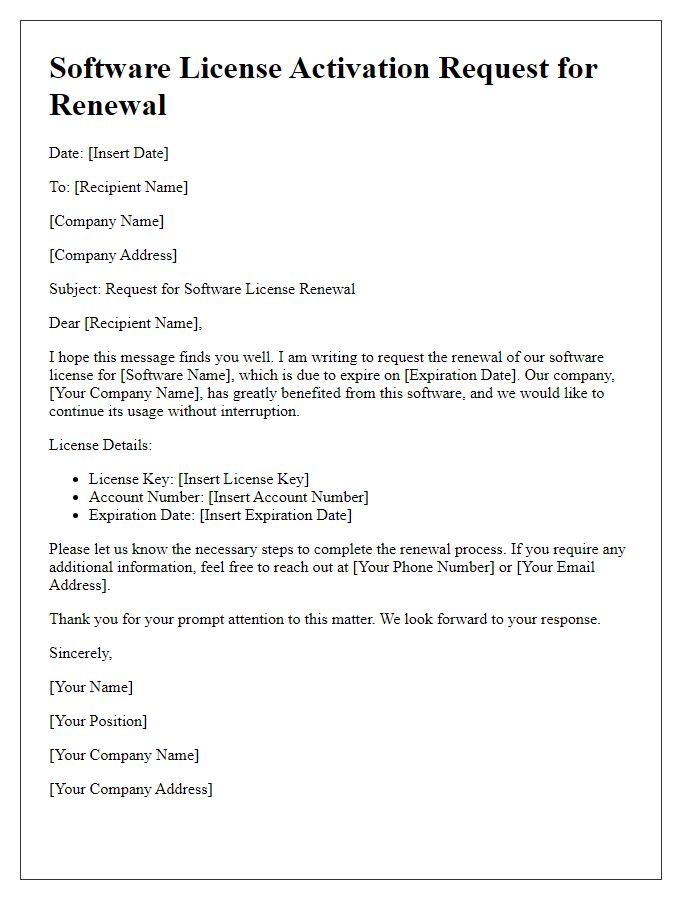 Letter template of software license activation request for renewal.