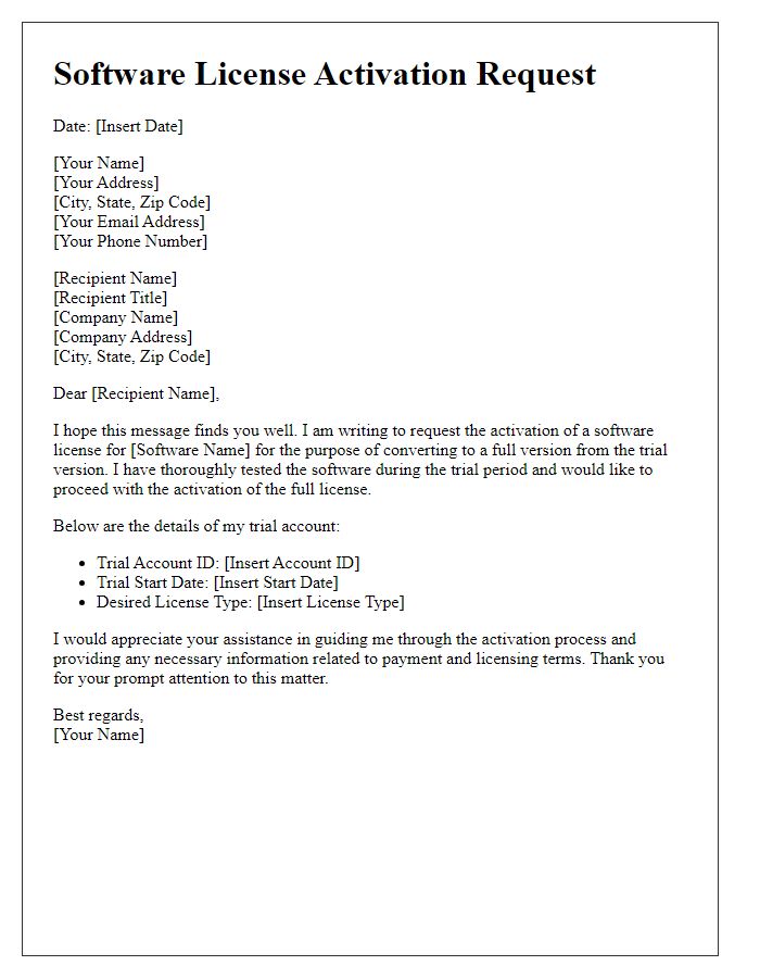 Letter template of software license activation request for trial conversions.