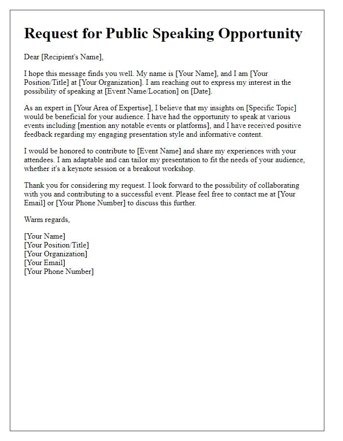 Letter template of request for public speaking opportunity