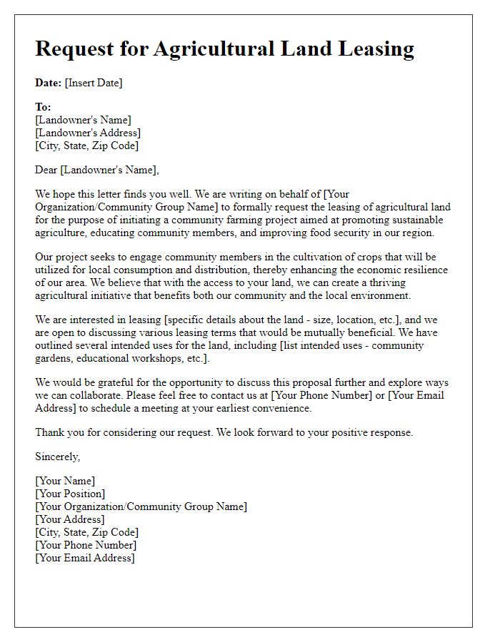 Letter template of request for agricultural land leasing for community farming projects.