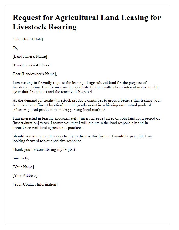 Letter template of request for agricultural land leasing for livestock rearing.