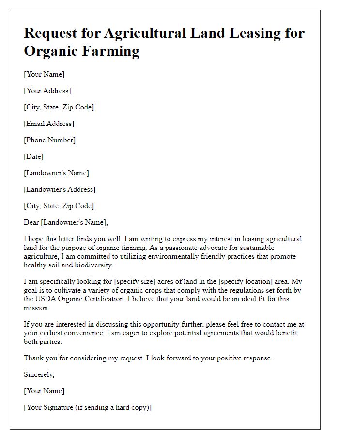 Letter template of request for agricultural land leasing for organic farming.