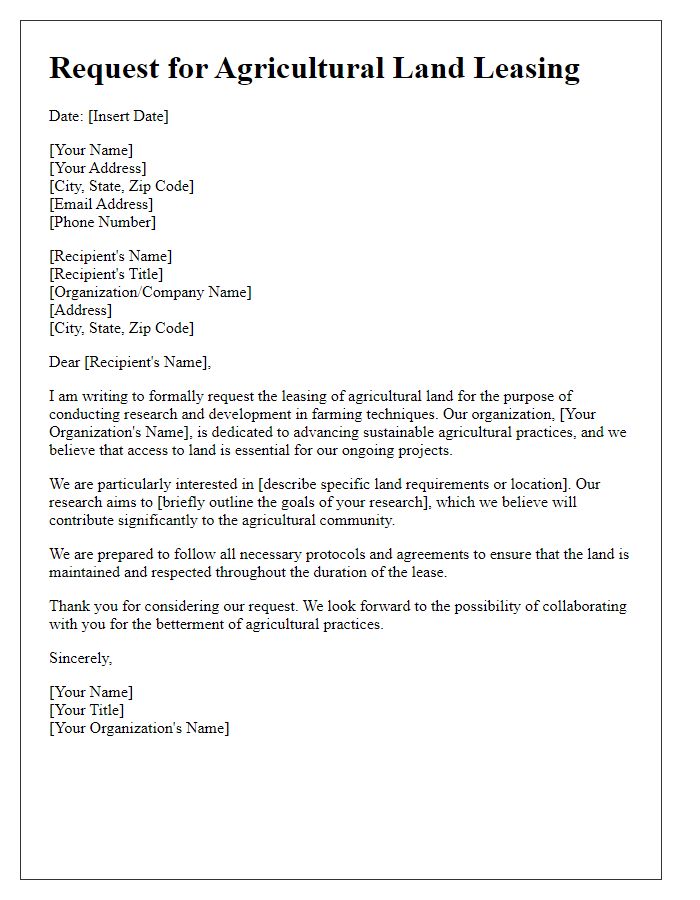 Letter template of request for agricultural land leasing for research and development in farming.