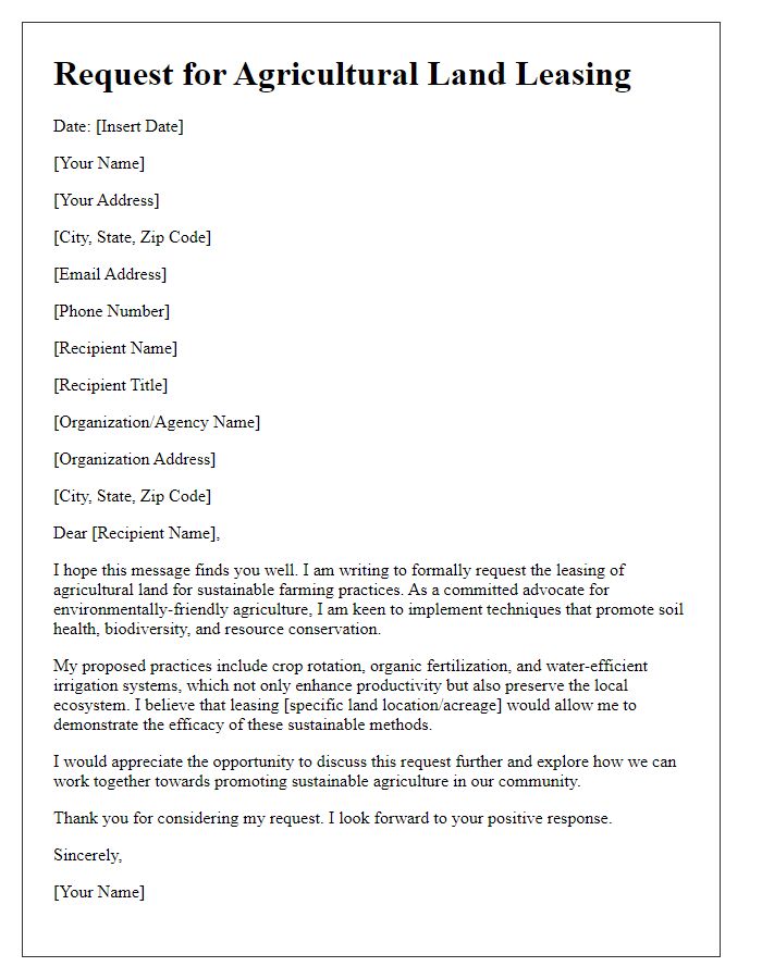 Letter template of request for agricultural land leasing for sustainable practices.