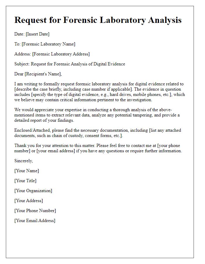 Letter template of request for forensic laboratory analysis for digital forensics